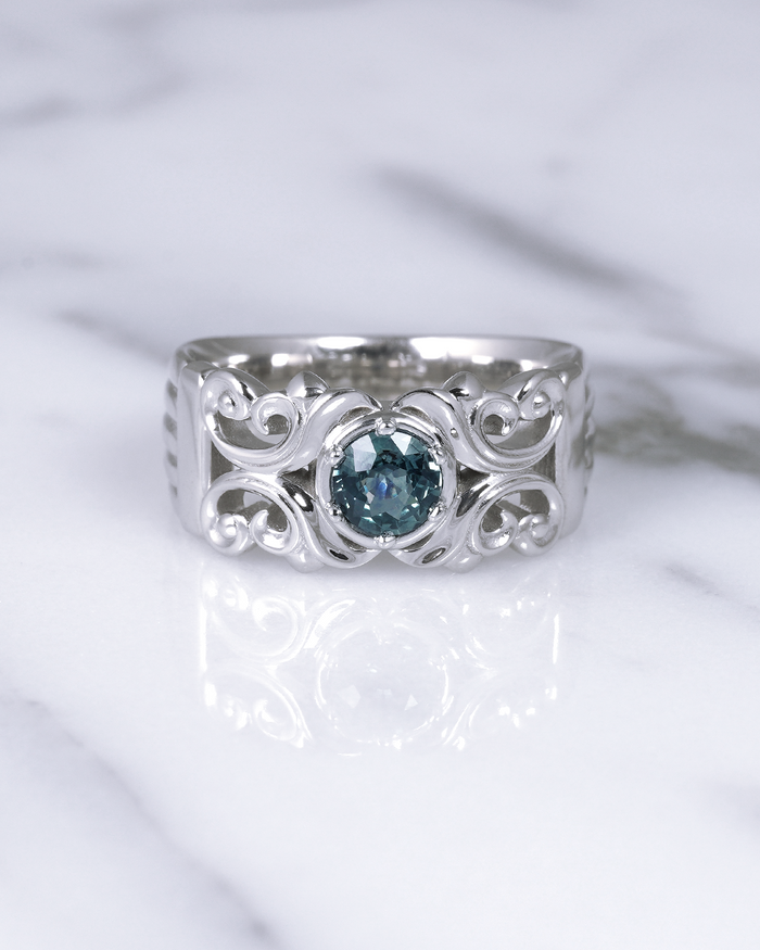 14k White gold ring - Montana teal sapphire 1 carat - filigree motif - Montreal Jewelry -Entyche 